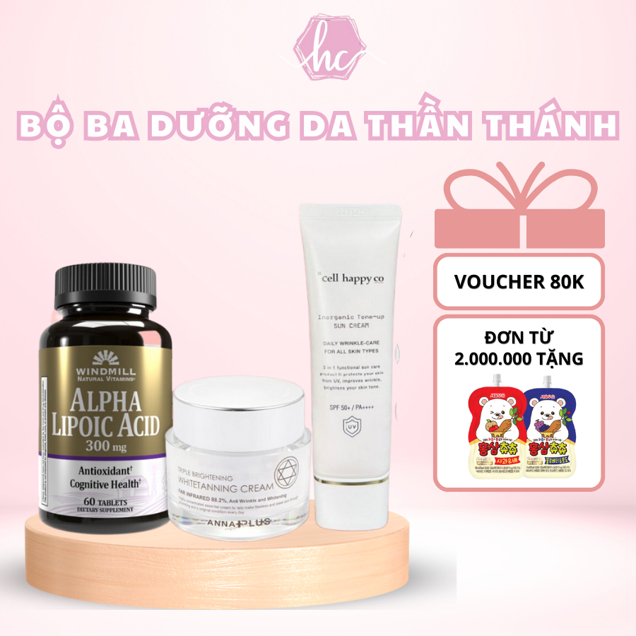 Bộ 3 dưỡng da thần thánh Kem Nám Kích Trắng Da Anna Plus 50ml + Kem Chống Nắng CellHappyCo + Viên Alpha Lipoic Acid