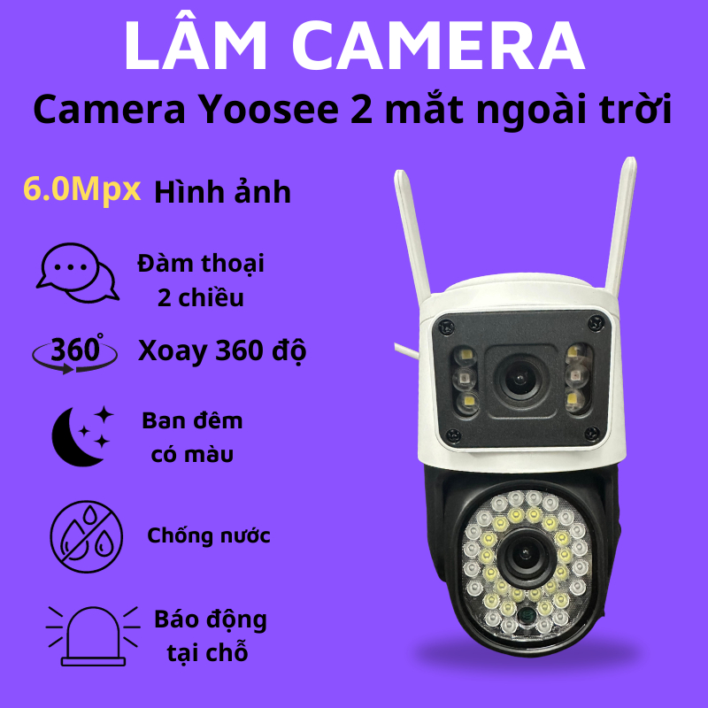 Camera Yoosee Wifi ngoài trời 2 mắt xem cùng lúc, góc rộng, đàm thoại, IP66 chống nước an toàn tại LÂM CAMERA