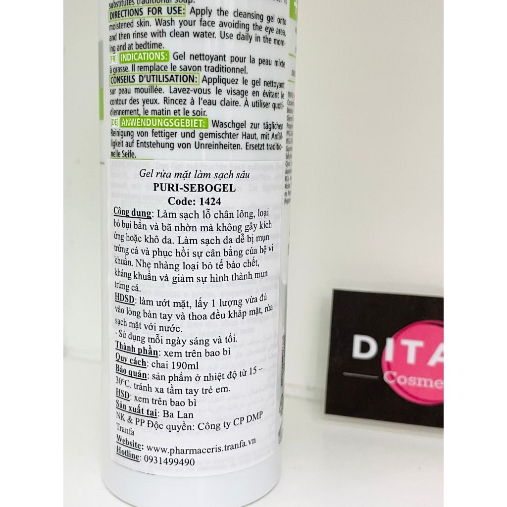 Sữa Rửa Mặt Da Dầu Mụn, Làm Sạch Sâu, Kháng Khuẩn Pharmaceris Deep Cleansing Face Gel PURI-SEBOGEL - Ditari