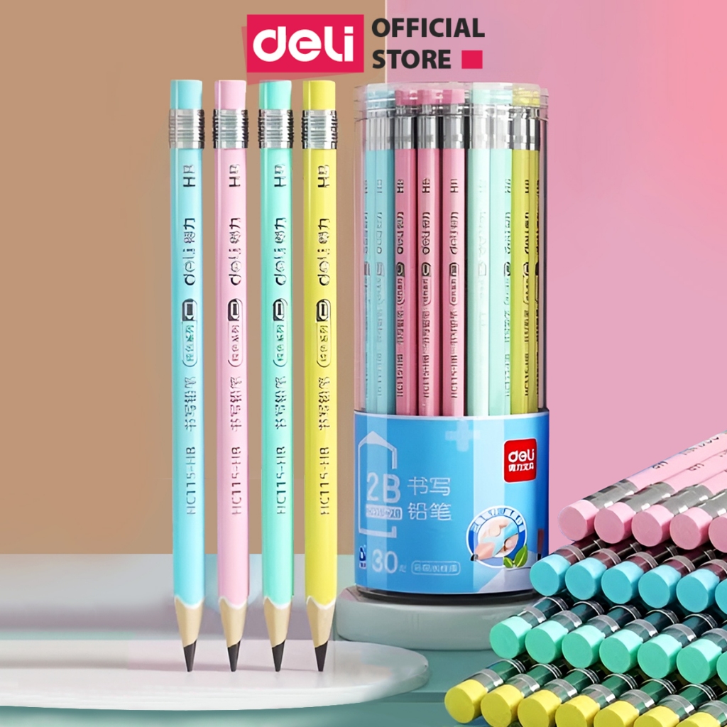 Bút Chì Gỗ 2B Deli Kèm Đầu Tẩy Màu Pastel - Chì Đậm An Toàn Nhạy Với Máy Chấm Thi Phù Hợp Học Sinh Văn Phòng Luyện Chữ