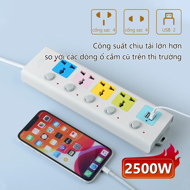 Ổ Cắm Điện USB Đa Năng Cao Cấp Chống Giật Dây Dài 4m, 2 Cổng Cắm USB Công Suất 2500W Có Chốt An Toàn Tiện Dụng