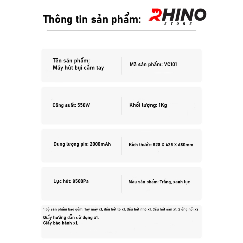 Máy hút bụi cầm tay Rhino VC101 mini gia đình tiện lợi