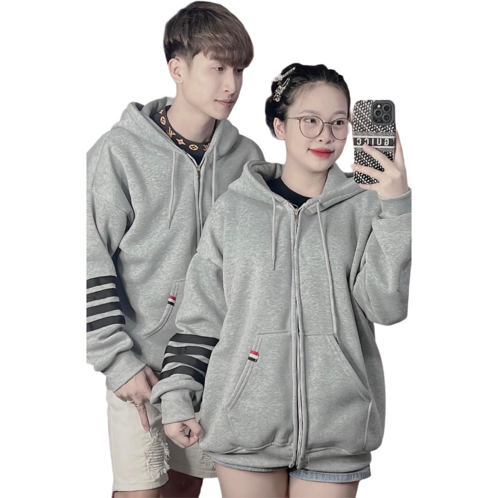 Hoodie Zip - Áo Khoác Thome Nỉ Phối 4 Sọc Tay Cao Cấp From Dáng Unisex Nam Nữ Cực Hot Trend 2023
