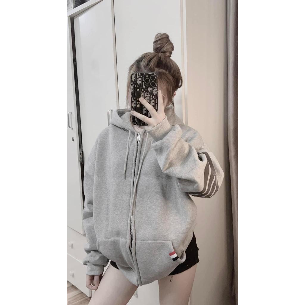 Hoodie Zip - Áo Khoác Thome Nỉ Phối 4 Sọc Tay Cao Cấp From Dáng Unisex Nam Nữ Cực Hot Trend 2023