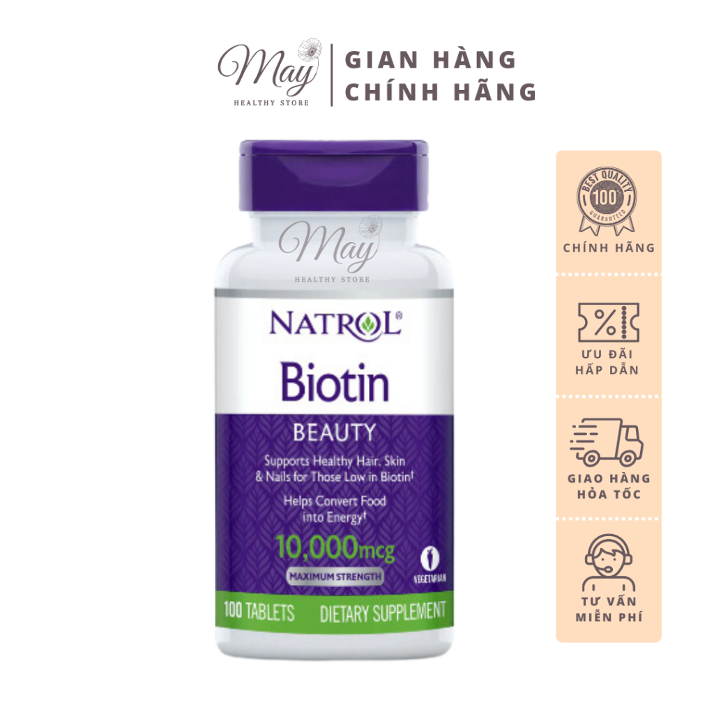 Viên Uống Mọc Tóc Và Móng, Giảm Gãy Rụng Natrol Biotin 10.000 mcg (Lọ 100 Viên)