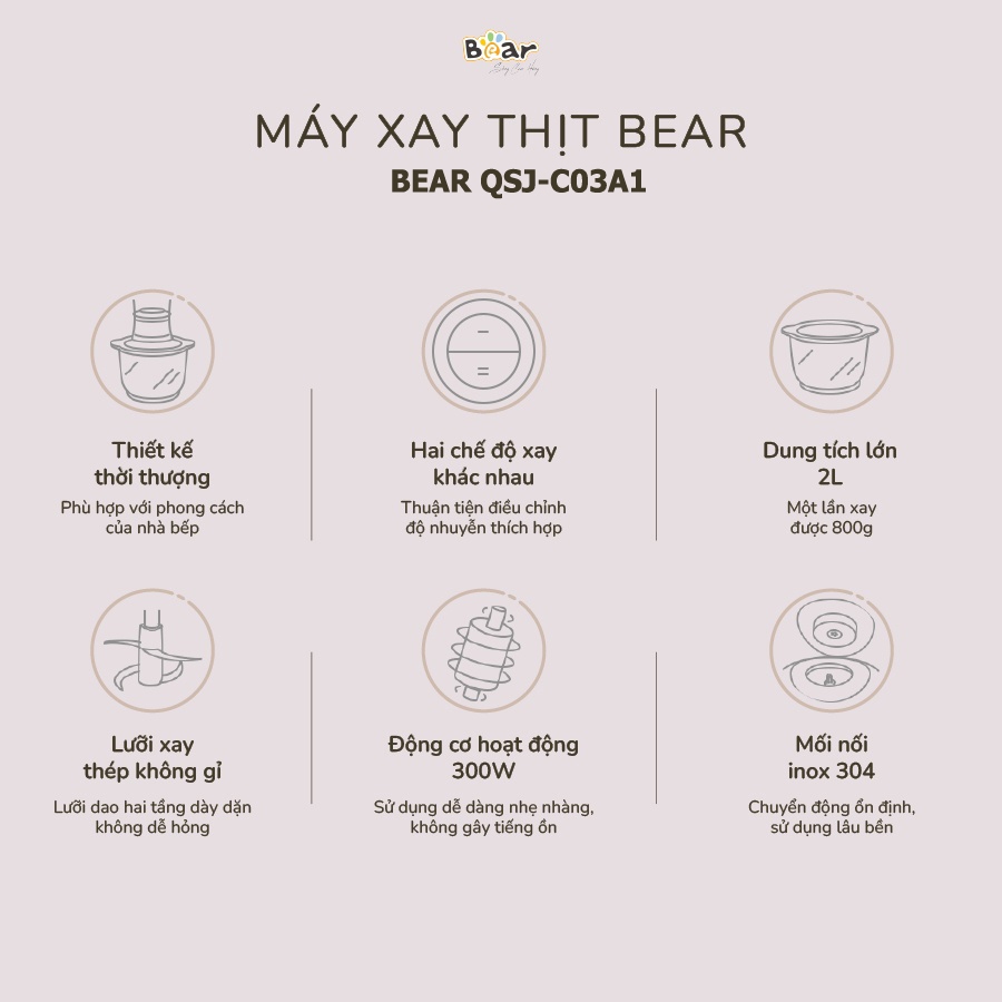 Máy xay thịt đa năng Bear, dung tích 2L, dao xay 4 lưỡi, xay thịt, cua, cá, rau củ quả – Hàng chính hãng BH 6-18 tháng