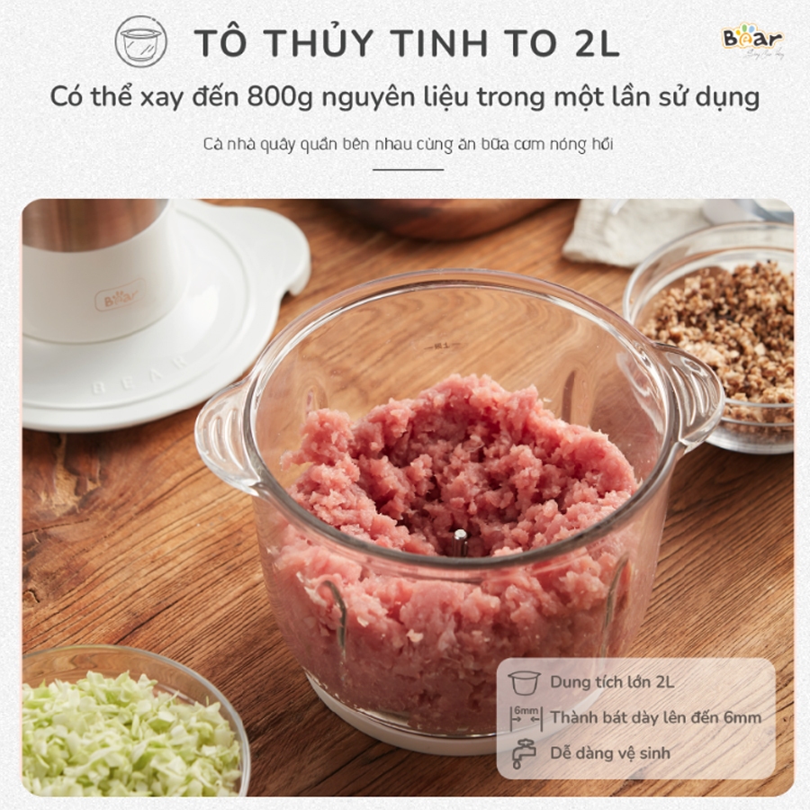 Máy xay thịt đa năng Bear, dung tích 2L, dao xay 4 lưỡi, xay thịt, cua, cá, rau củ quả – Hàng chính hãng BH 6-18 tháng