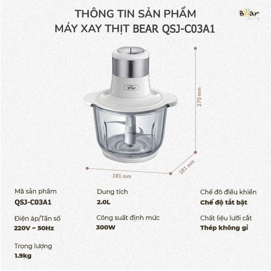 Máy xay thịt đa năng Bear, dung tích 2L, dao xay 4 lưỡi, xay thịt, cua, cá, rau củ quả – Hàng chính hãng BH 6-18 tháng