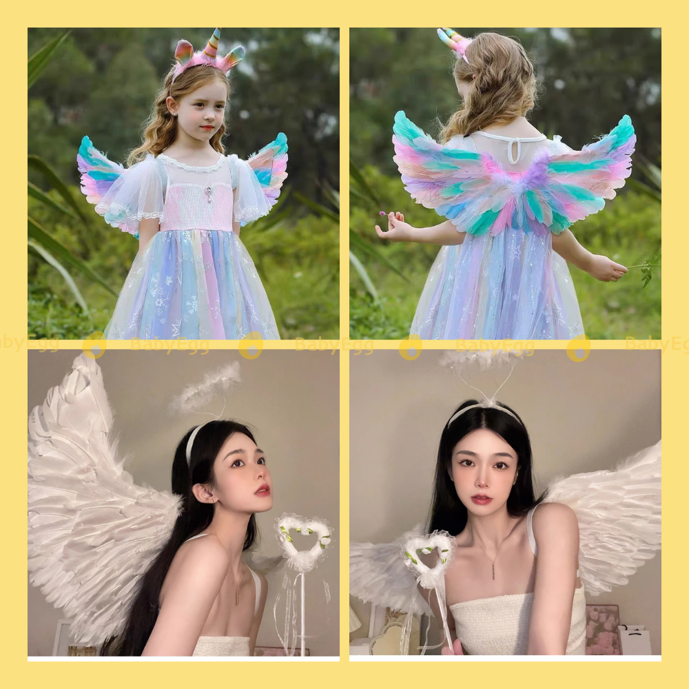 Bộ Cánh Thiên thần Hóa trang nàng tiên kèm Gậy Bờm cho trẻ em, người lớn Cánh lông vũ hóa trang Halloween dịp lễ BabyEgg