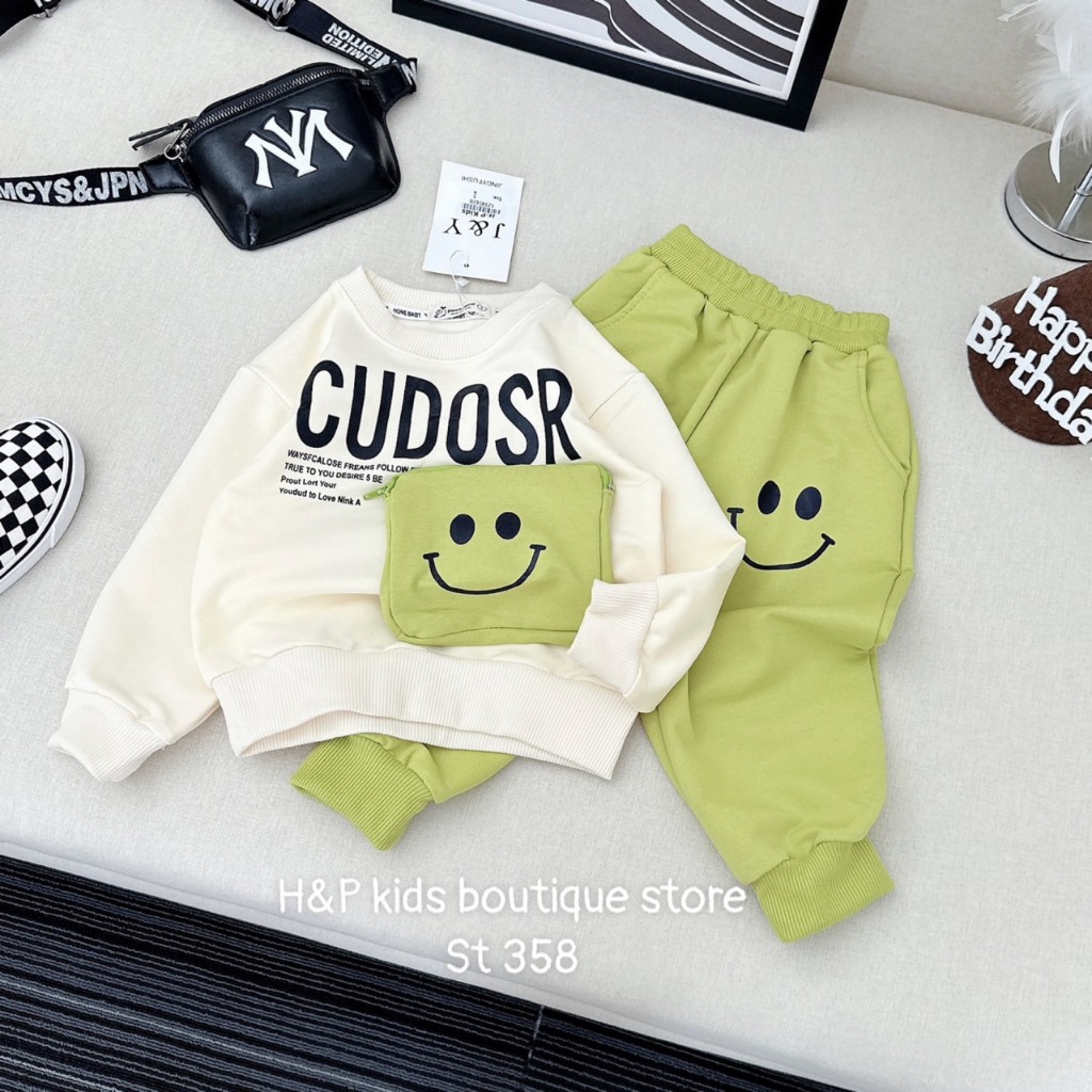 Bộ đồ thu đông cho bé Trai, bé Gái Shop Sam Ú chất nỉ da cá họa tiết mặt cười dễ thương 7-21KG TD3