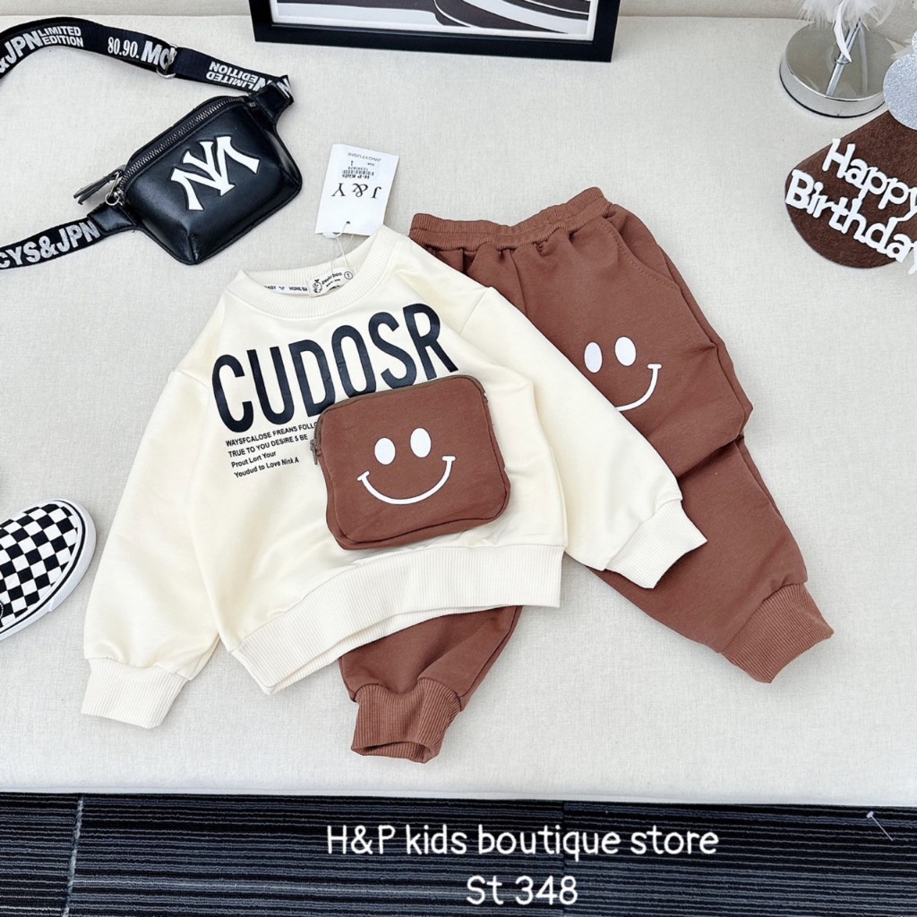 Bộ đồ thu đông cho bé Trai, bé Gái Shop Sam Ú chất nỉ da cá họa tiết mặt cười dễ thương 7-21KG TD3