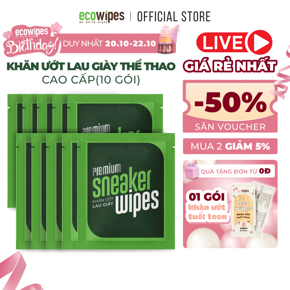 Combo 10 gói khăn giấy ướt lau giày thể thao Ecowipes travel size premium gói 1 tờ tạo bọt tự tan lau siêu sạch
