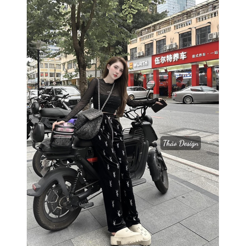 Set áo lưới đá Mix quần nhung cực hot cho chị em đăng săn đón em nó