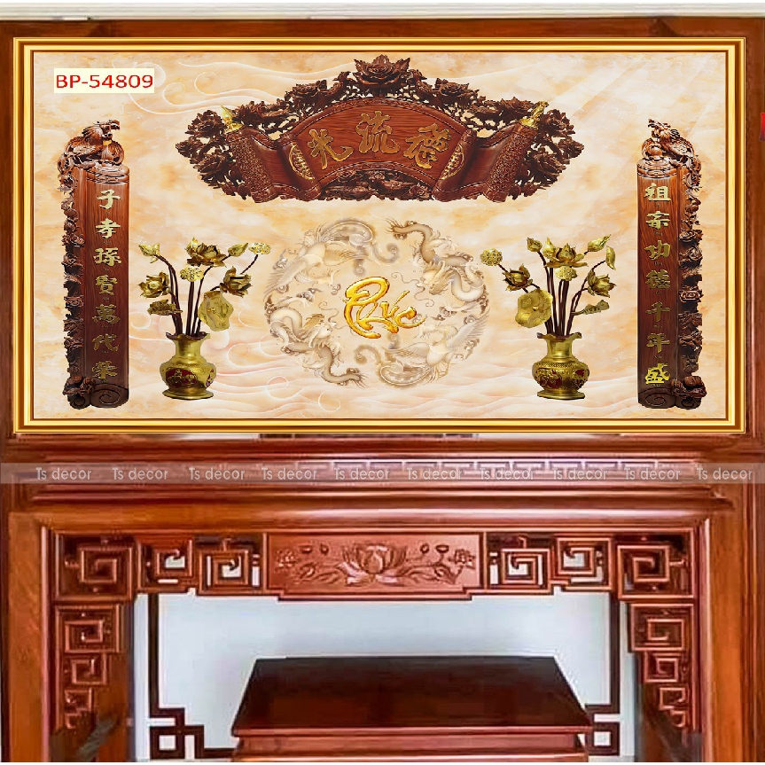 Tranh Decal 3D dán tường Bàn thờ gia tiên sẵn keo