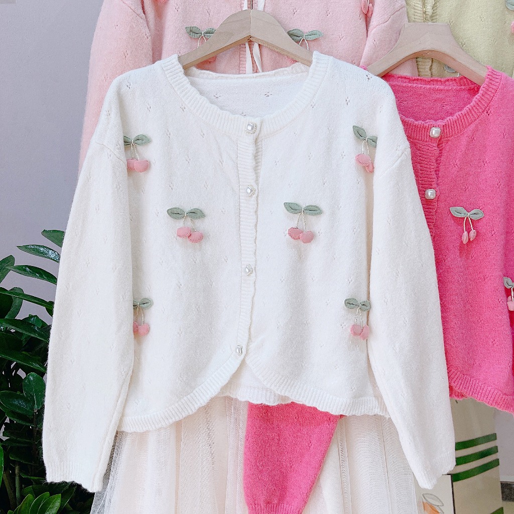 Cadigan cổ tròn đính quả cherry