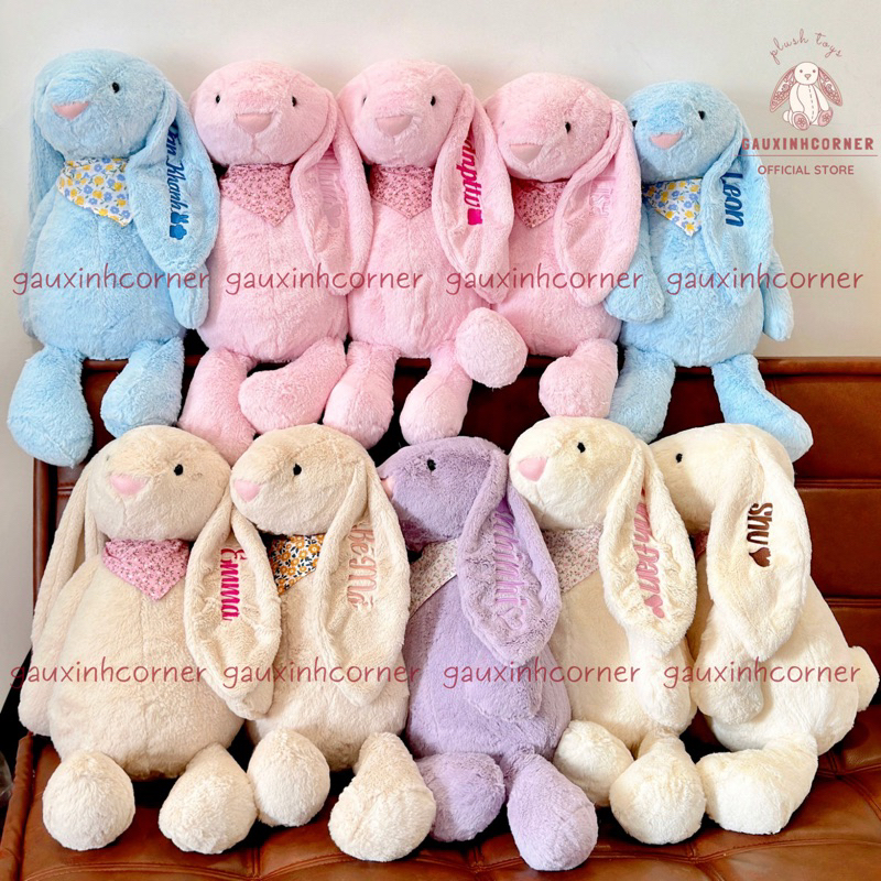 Thỏ bông tai dài cao cấp lông mịn to 60cm kèm yếm hoa dễ thương thú nhồi bông đồ chơi quà tặng| Gauxinhcorner