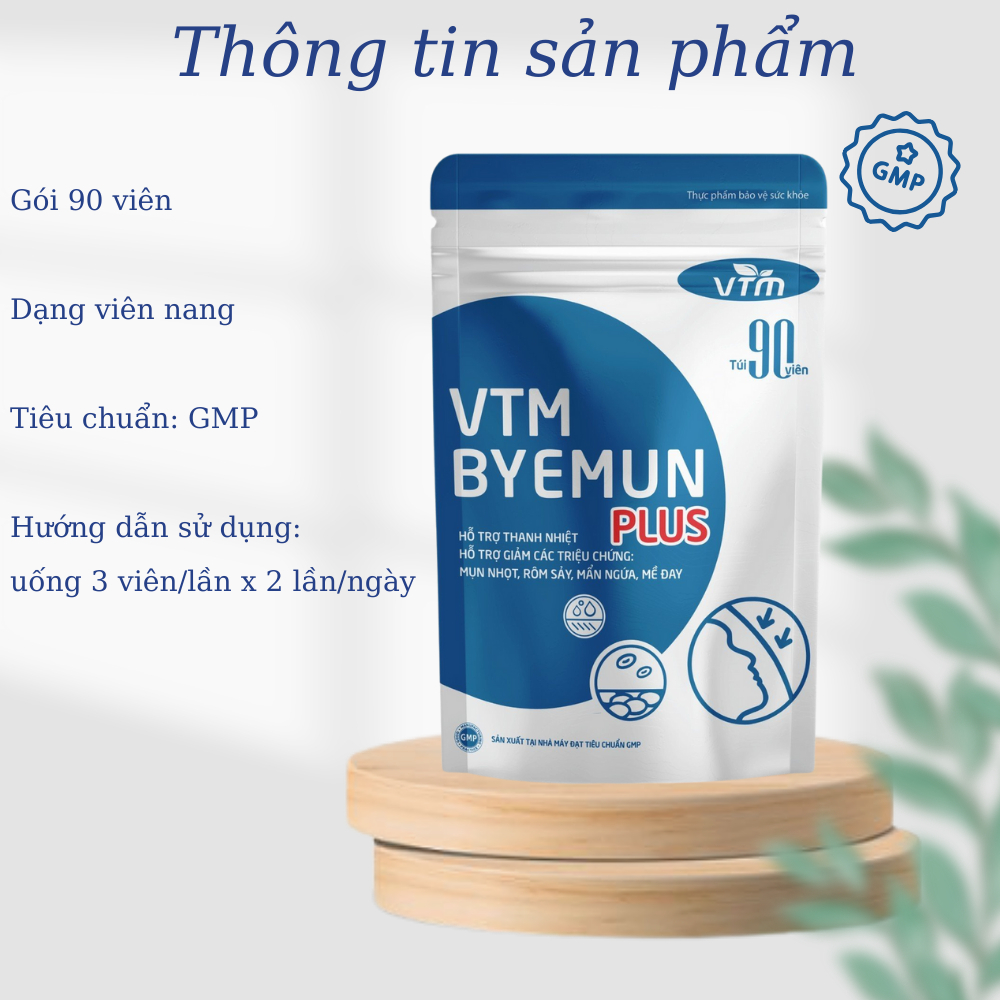 Viên uống VTM Byemun Plus hỗ trợ thanh nhiệt, giảm triệu chứng mụn nhọt, rôm sẩy, mẩn ngứa, mề day - Túi 90 viên