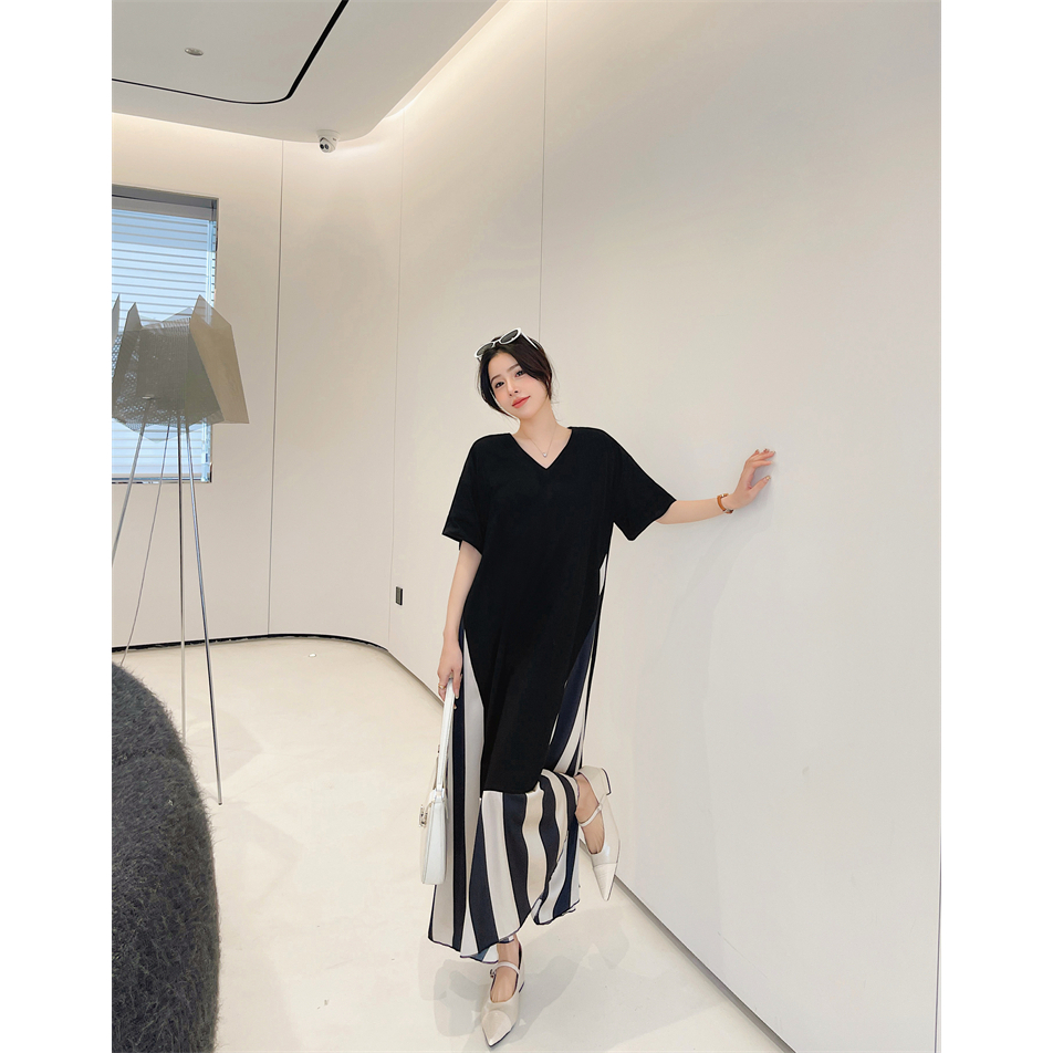 Váy Suông Dáng Dài Đen Cách Điệu Xẻ Tà Sọc Hàn Quốc Hè 2024 T106