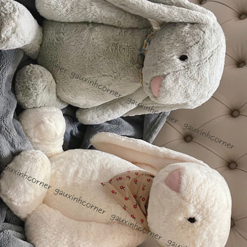 Thỏ bông tai dài cao cấp lông mịn to 60cm kèm yếm hoa dễ thương thú nhồi bông đồ chơi quà tặng| Gauxinhcorner