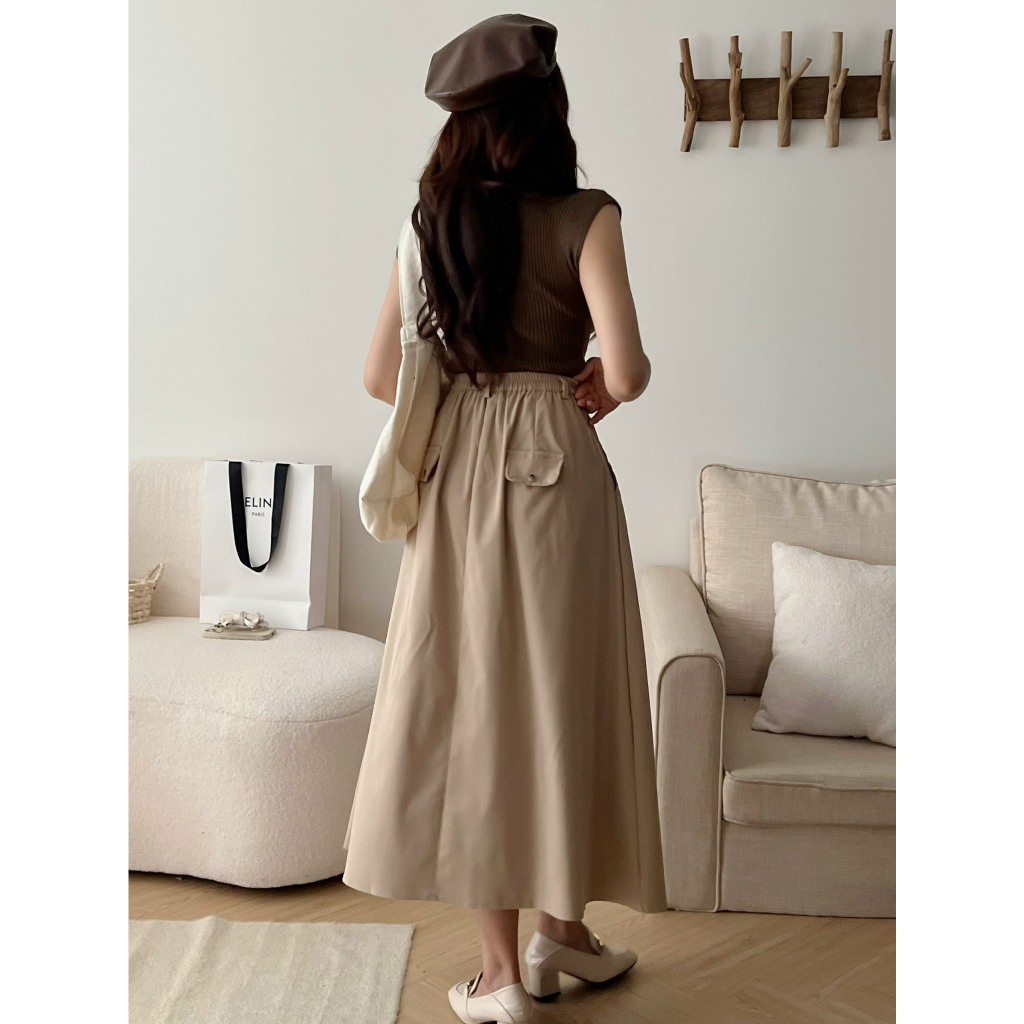 Chân Váy Dáng Dài Midi Chất Thô Mịn Chun Lưng Mix Kèm Túi Sau Form Dáng Xòe
