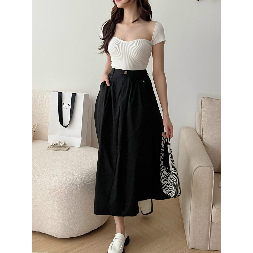 Chân Váy Dáng Dài Midi Chất Thô Mịn Chun Lưng Mix Kèm Túi Sau Form Dáng Xòe