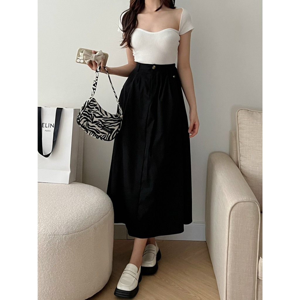 Chân Váy Dáng Dài Midi Chất Thô Mịn Chun Lưng Mix Kèm Túi Sau Form Dáng Xòe