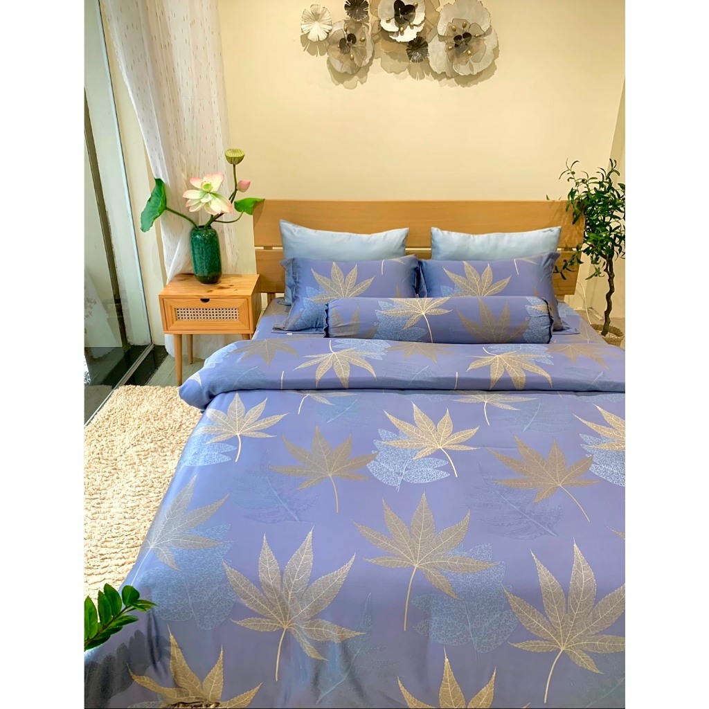 Chăn ga gối Tencel mẫu Lá Phong 80s LAMIDO size ga nệm 1m4, 1m6, 1m8, 2m