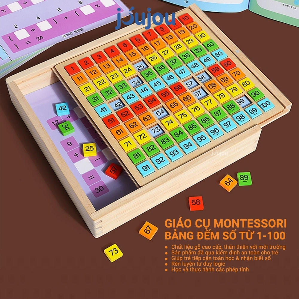 Bảng gỗ số tập đếm từ 1 đến 100 Jujou, giáo cụ Montessori giúp bé nhận biết sớm về toán học và rèn luyện tư duy Logic