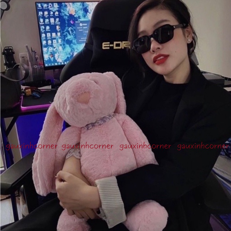 Thỏ bông tai dài cao cấp lông mịn to 60cm kèm yếm hoa dễ thương thú nhồi bông đồ chơi quà tặng| Gauxinhcorner