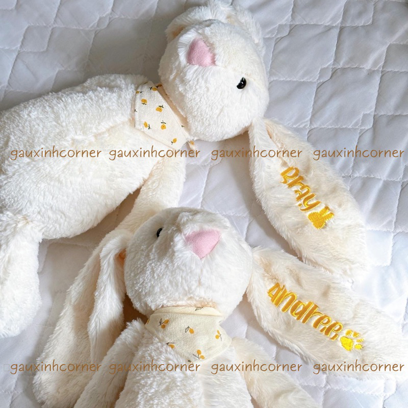 Thỏ bông thêu tên màu TRẮNG KEM lông mềm kèm yếm hoa loại 1 cao cấp quà tặng cho bé jellycat