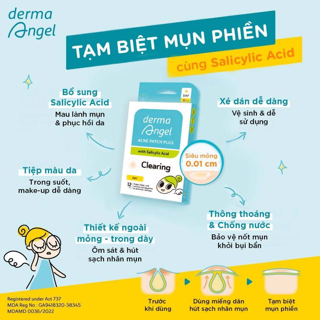 Miếng Dán Mụn Derma Angel Acne Patch Plus with Salicylic Acid Day 12 Miếng