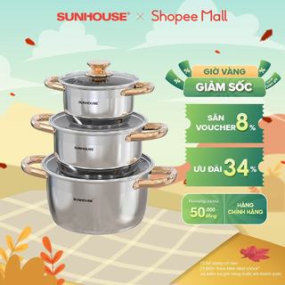 Bộ nồi inox 5 đáy Sunhouse SH781 size 16cm-20cm-24cm | Đáy từ dùng mọi loại bếp | 5 lớp đáy, truyền nhiệt nhanh
