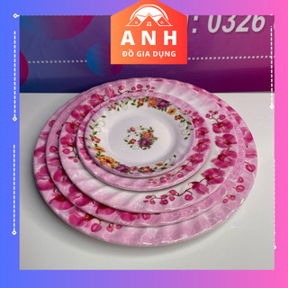 Đĩa nhựa cạn lòng, đĩa quán nhậu, đĩa nhựa melamine cạn lòng, màu - trắng-hoa văn.