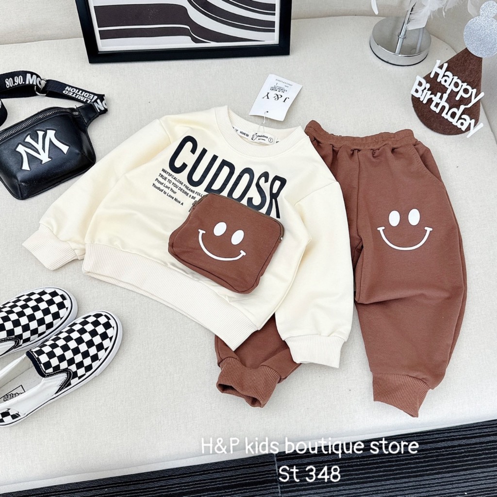 Bộ đồ thu đông cho bé Trai, bé Gái Shop Sam Ú chất nỉ da cá họa tiết mặt cười dễ thương 7-21KG TD3