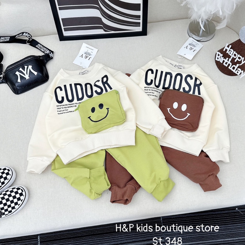 Bộ đồ thu đông cho bé Trai, bé Gái Shop Sam Ú chất nỉ da cá họa tiết mặt cười dễ thương 7-21KG TD3