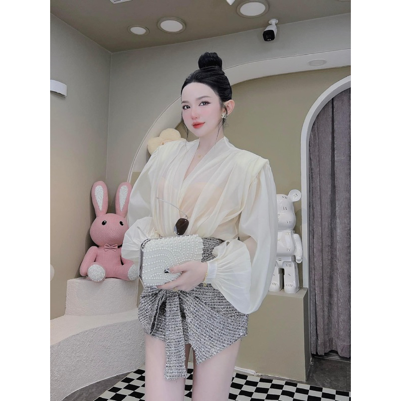 Set áo sơ mi voan tơ chân váy nơ kim sa