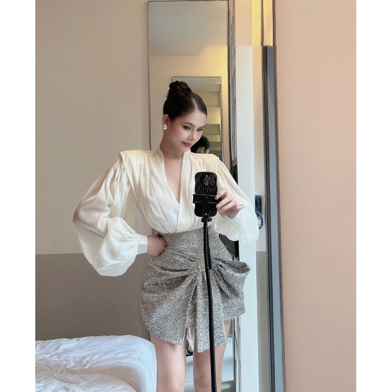 Set áo sơ mi voan tơ chân váy nơ kim sa