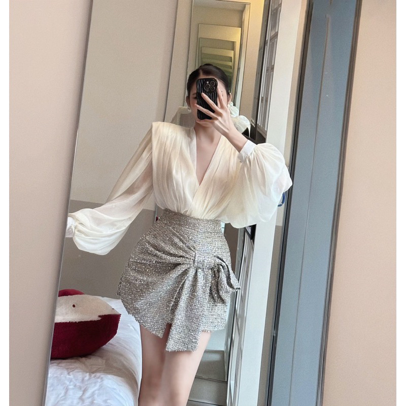 Set áo sơ mi voan tơ chân váy nơ kim sa