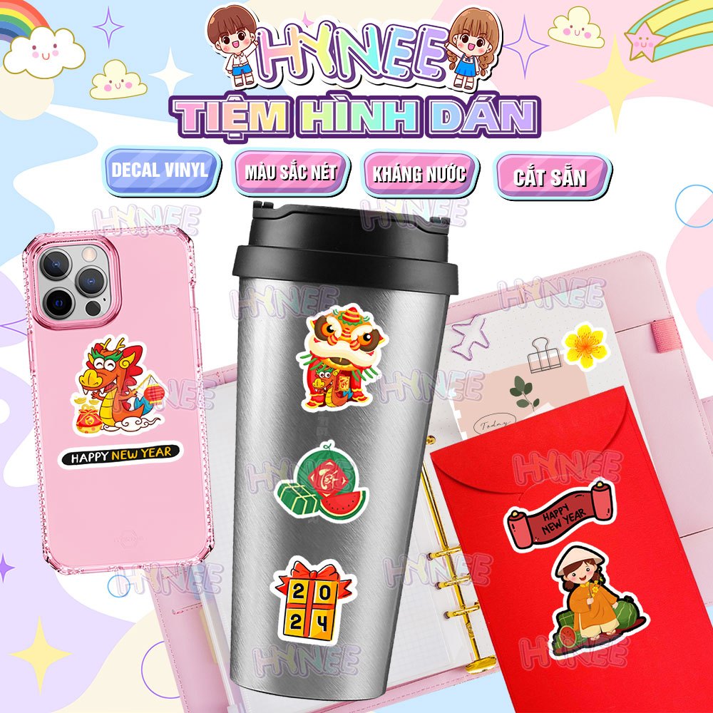 Sticker Tết Happy New Year 2024 - Hình Dán Dễ Thương Tết Giáp Thìn - Sticker Dán Mũ Bảo Hiểm, Dán Bao Lì Xì, Thiệp, Xe