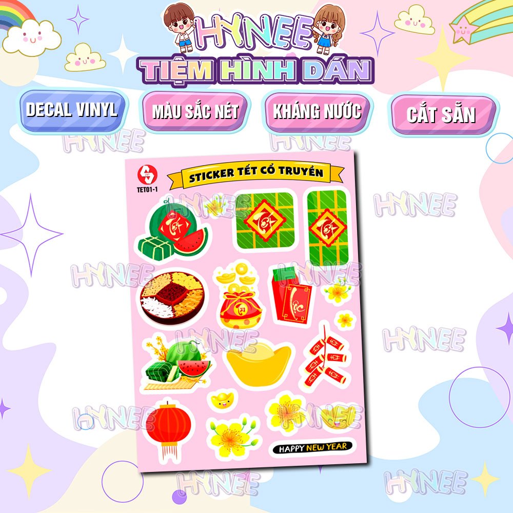 Sticker Tết Happy New Year 2024 - Hình Dán Dễ Thương Tết Giáp Thìn - Sticker Dán Mũ Bảo Hiểm, Dán Bao Lì Xì, Thiệp, Xe