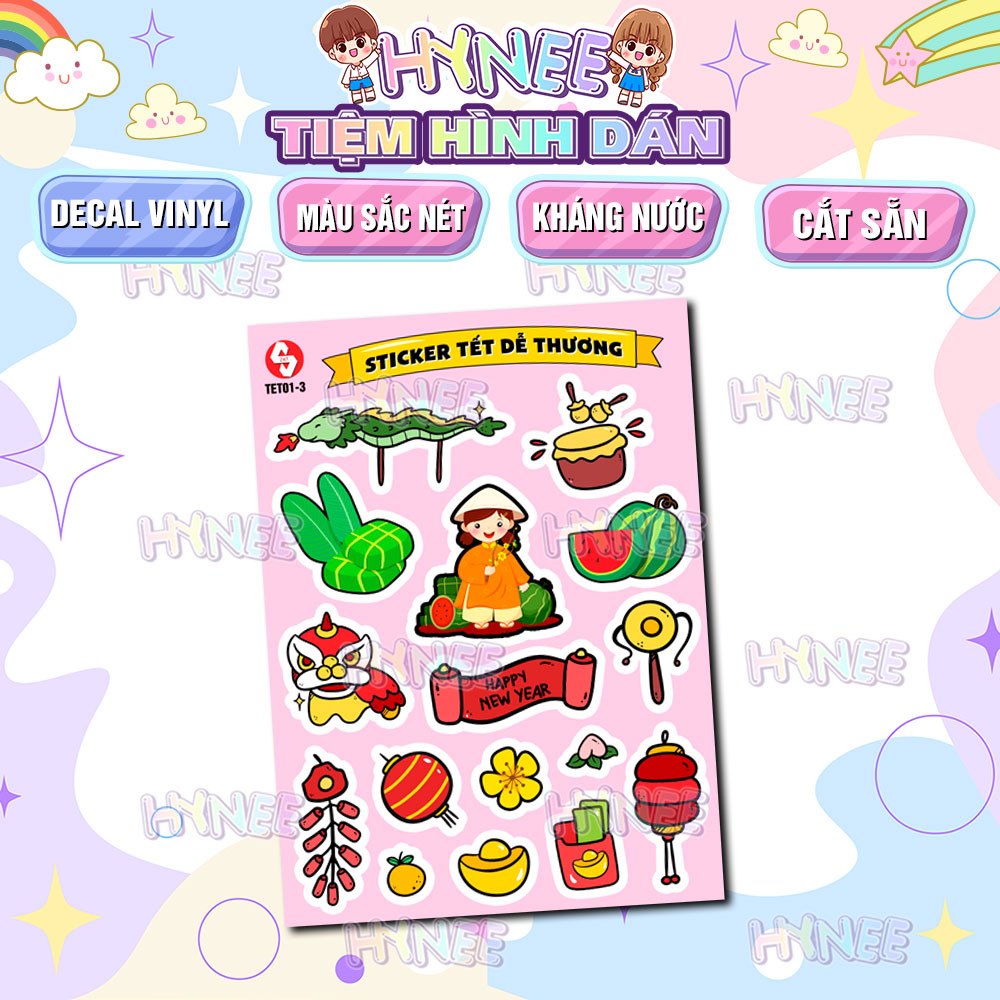 Sticker Tết Happy New Year 2024 - Hình Dán Dễ Thương Tết Giáp Thìn - Sticker Dán Mũ Bảo Hiểm, Dán Bao Lì Xì, Thiệp, Xe