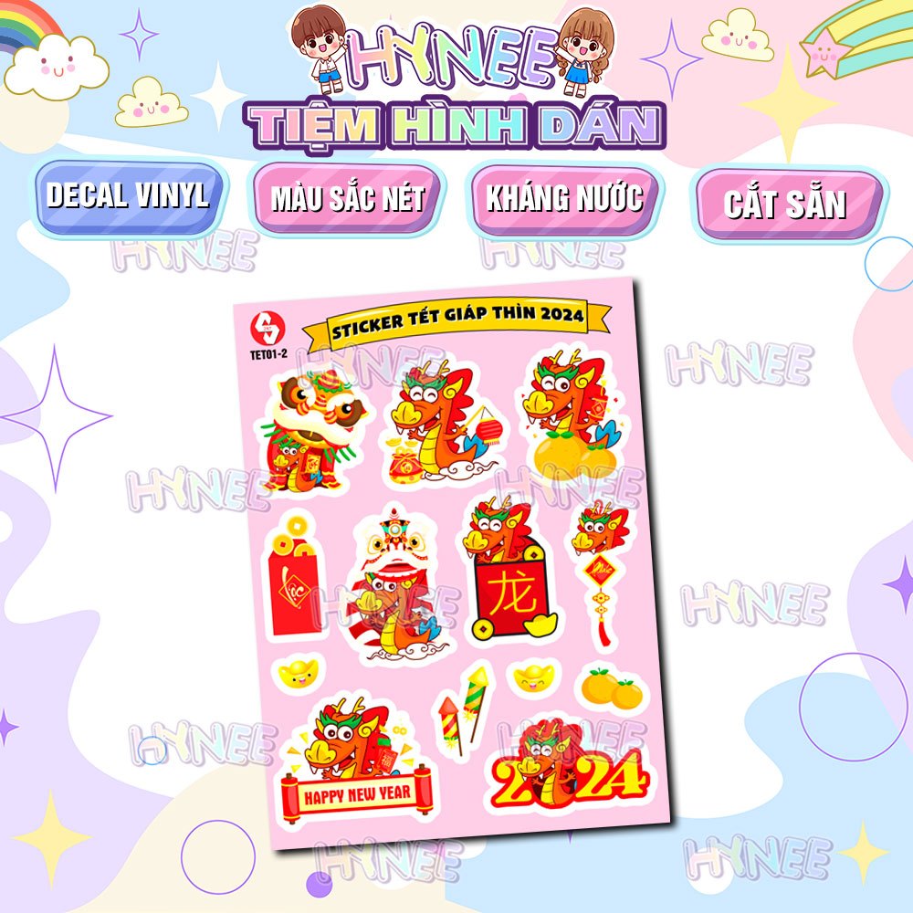 Sticker Tết Happy New Year 2024 - Hình Dán Dễ Thương Tết Giáp Thìn - Sticker Dán Mũ Bảo Hiểm, Dán Bao Lì Xì, Thiệp, Xe