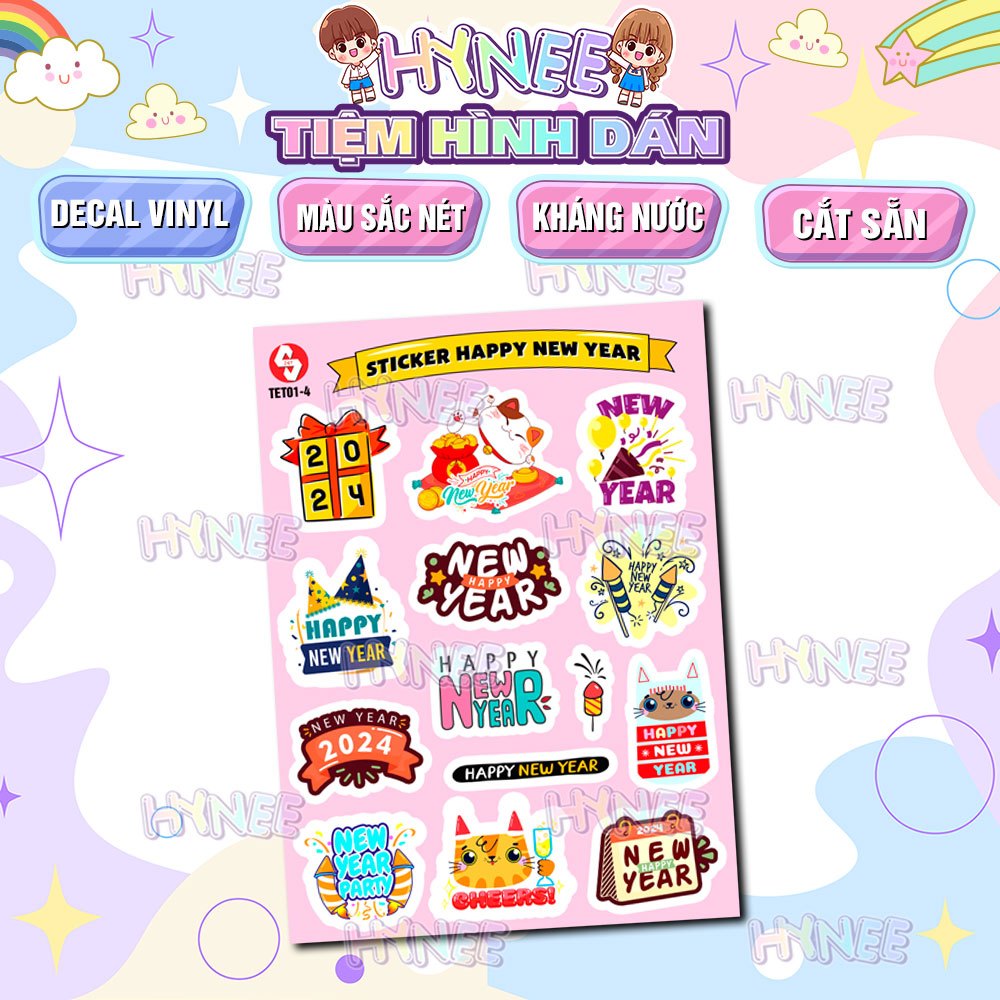 Sticker Tết Happy New Year 2024 - Hình Dán Dễ Thương Tết Giáp Thìn - Sticker Dán Mũ Bảo Hiểm, Dán Bao Lì Xì, Thiệp, Xe
