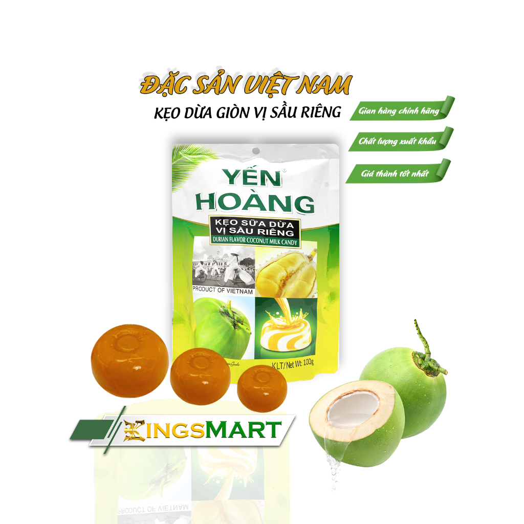 Kẹo dừa giòn vị sầu riêng - Thương hiệu Yến Hoàng - Đặc sản Bến Tre - Túi 100g - Kingsmart
