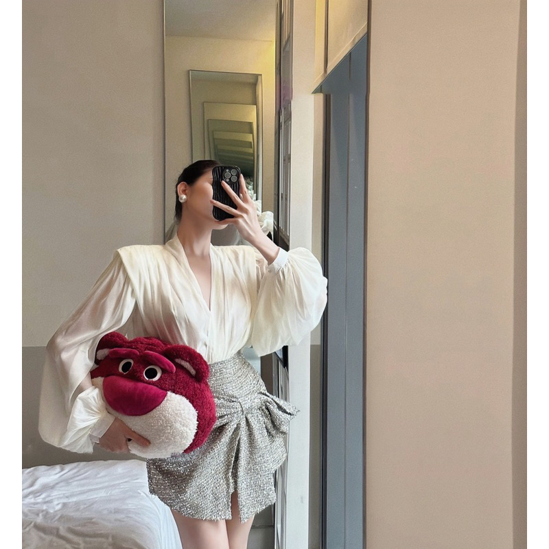 Set áo sơ mi voan tơ chân váy nơ kim sa