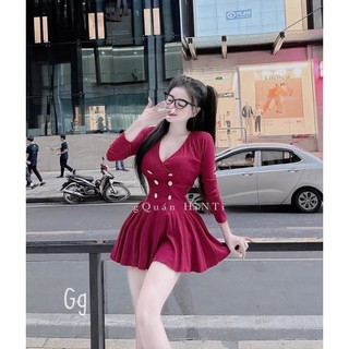 Đầm tay dài đính nút xòe nhẹ dáng ngắn xinh chất tăm mềm