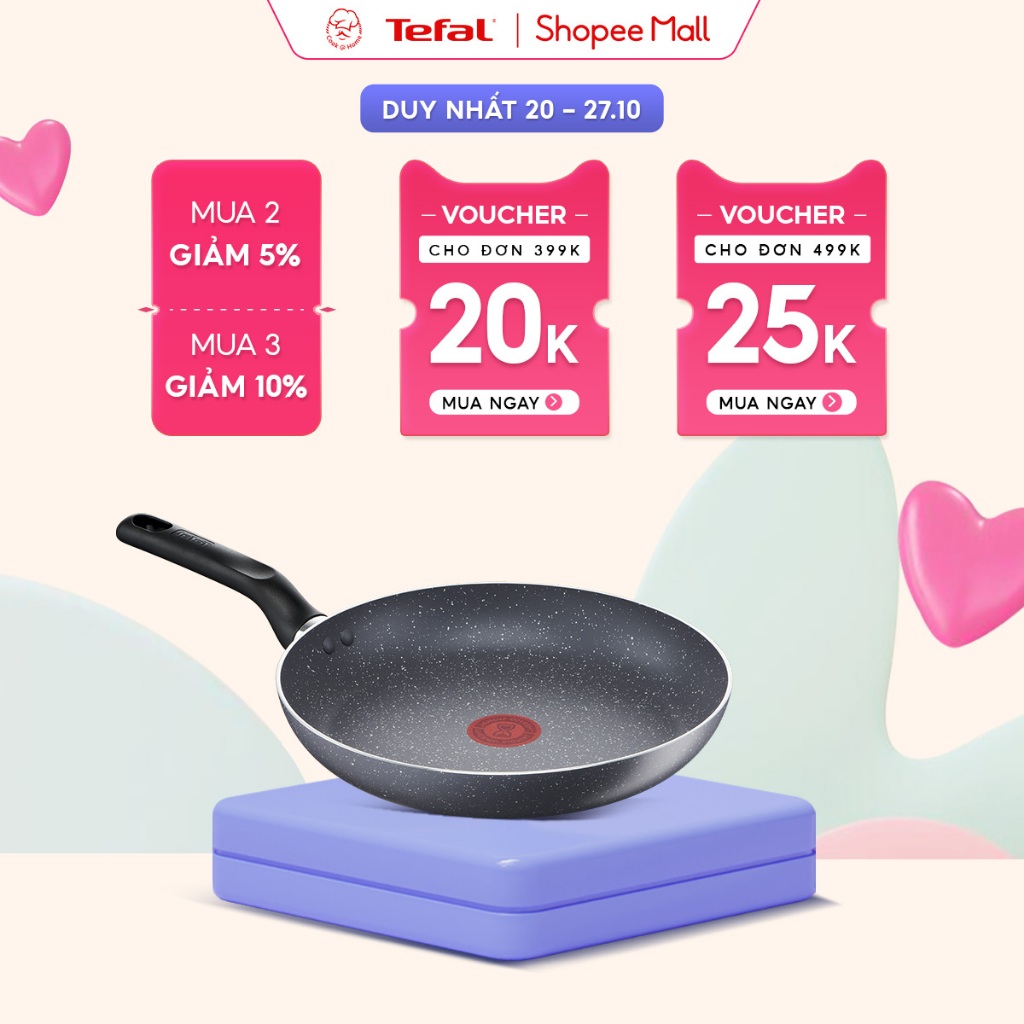 Chảo chống dính vân đá phủ Titanium Tefal Natura dùng cho bếp gas, hồng ngoại 20cm/24cm/28cm - Bảo hành 2 năm