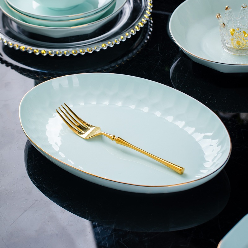 Đĩa sứ ăn cơm gia đình xanh ngọc sang trọng GRADO B03