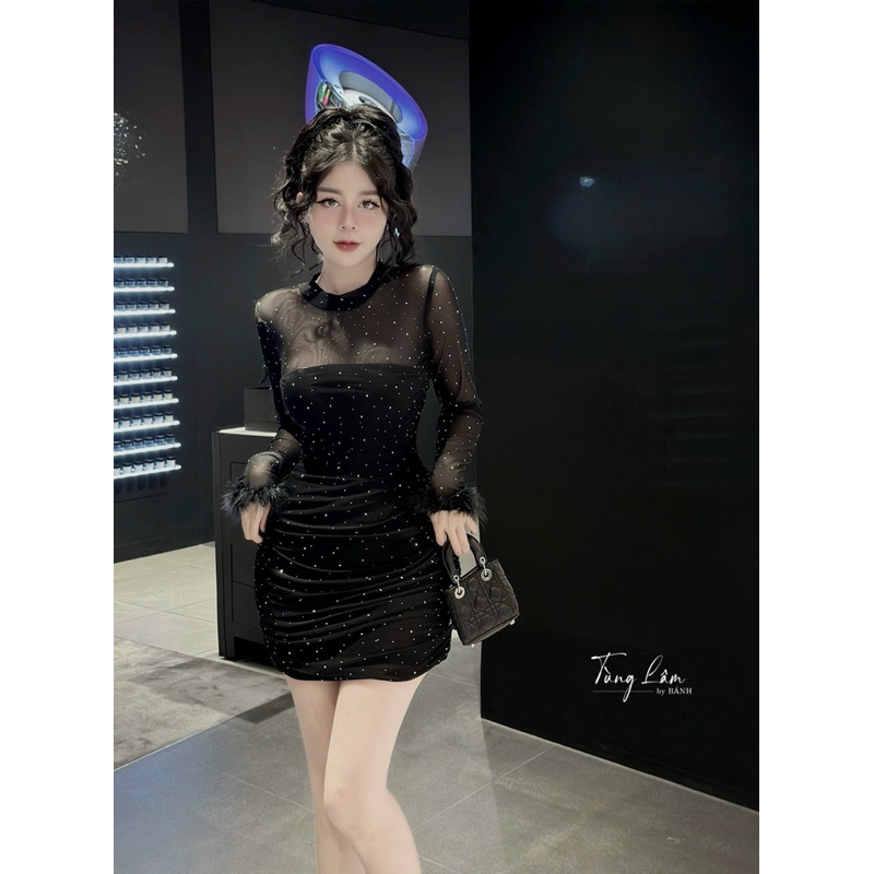 Váy body nhũ đá phối tay lông siêu sang