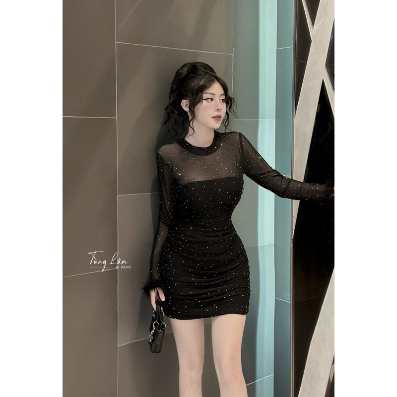 Váy body nhũ đá phối tay lông siêu sang